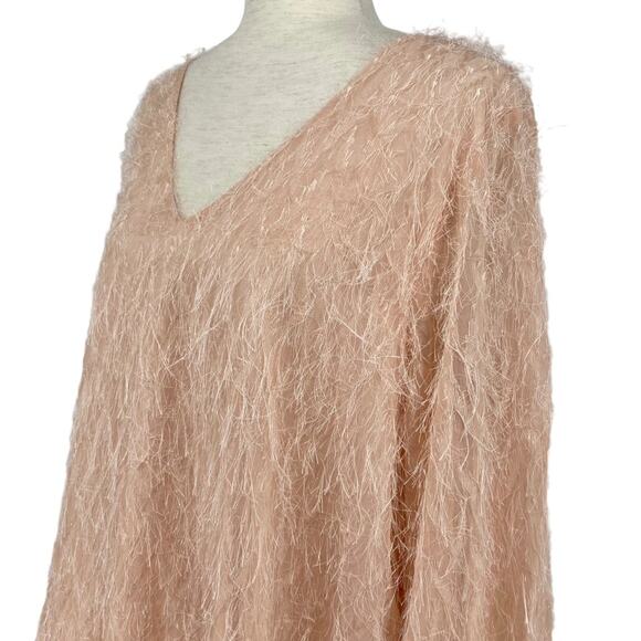 JODIFL Tinsel Fringe Long Sleeve V Neck Blouse Mauve Pink Plus Size 1X Holiday - Picture 2 of 7